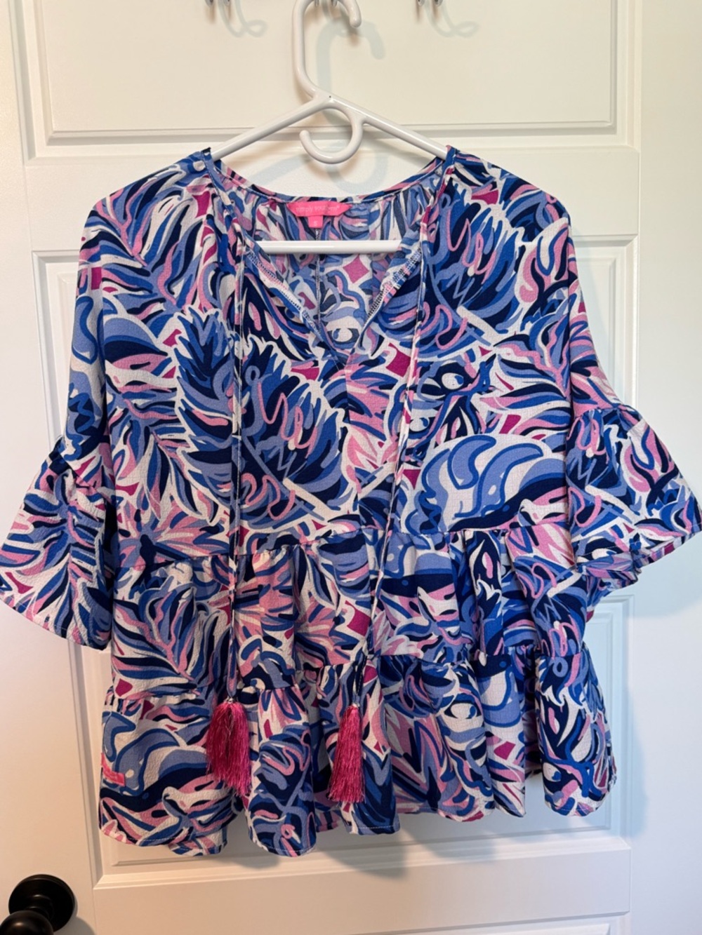 Simply Southern Pink/Purple Print Ruffle Blouse with Tassels, Size Small